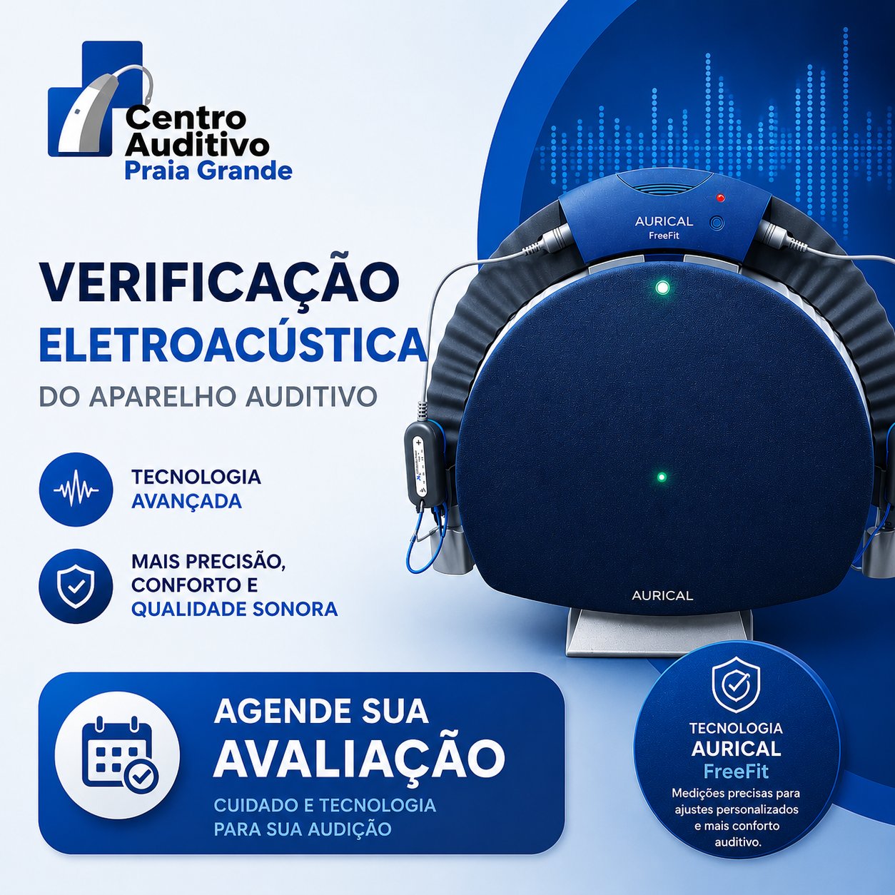 Equipamento Aurical FreeFit para Verificação Eletroacústica de Aparelho Auditivo no Centro Auditivo Praia Grande