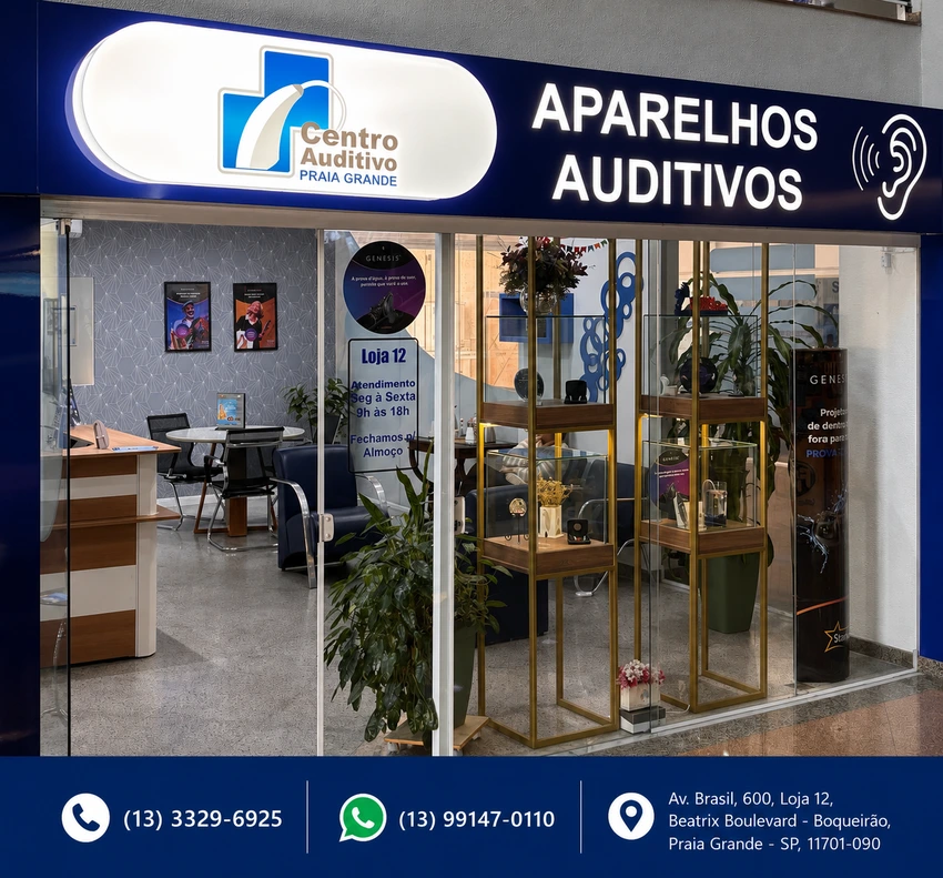 Fachada do Centro Auditivo Praia Grande especializado em aparelhos auditivos