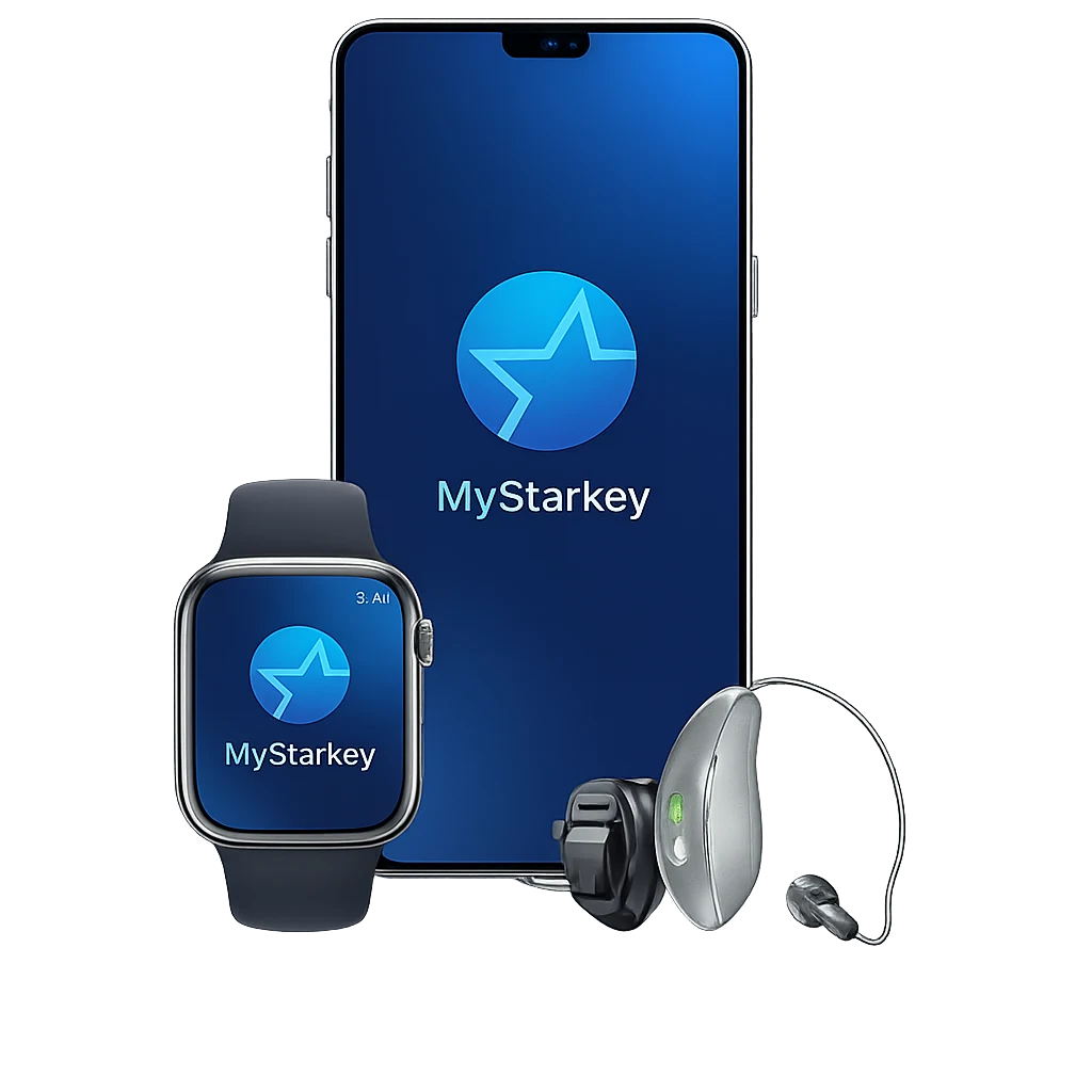 Aplicativo My Starkey no smartphone e smartwatch ao lado dos aparelhos auditivos Omega AI